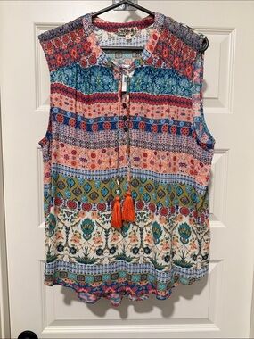 ONE WORLD Multicolor Boho Tassel Sleeveless Blouse